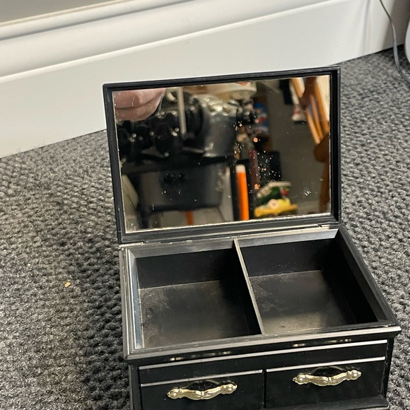 Asian Black Lacquer Ware Plastic Floral Jewelry Trinket Box Hong Kong Mirror - Picture 4 of 8